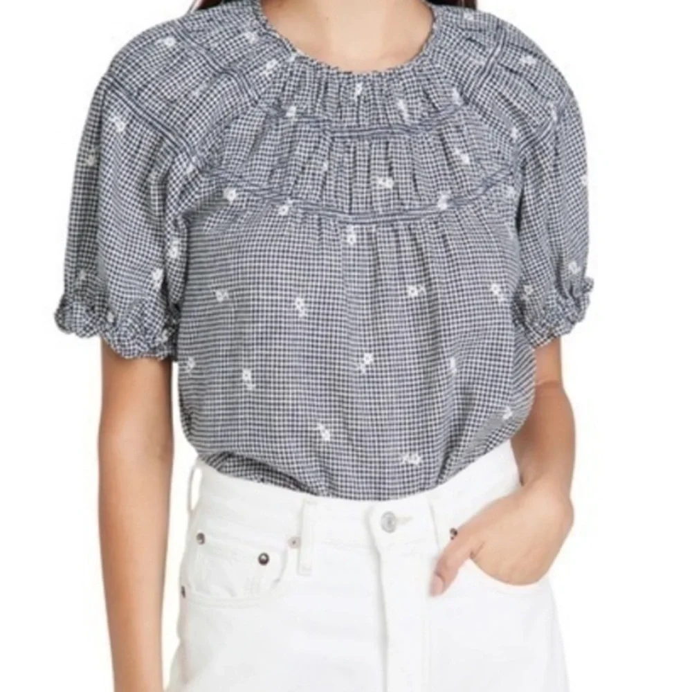 Madewell Embroidered Gingham puff sleeve blouse‎